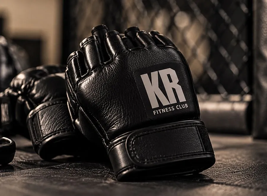 Luvas de MMA pretas com a marca KR Fitness Club e protetor bucal sobre o tatame