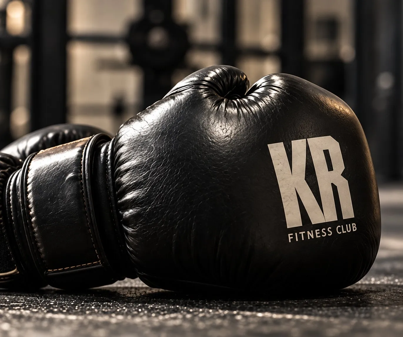 Luva de Muay Thai preta com a marca KR Fitness Club